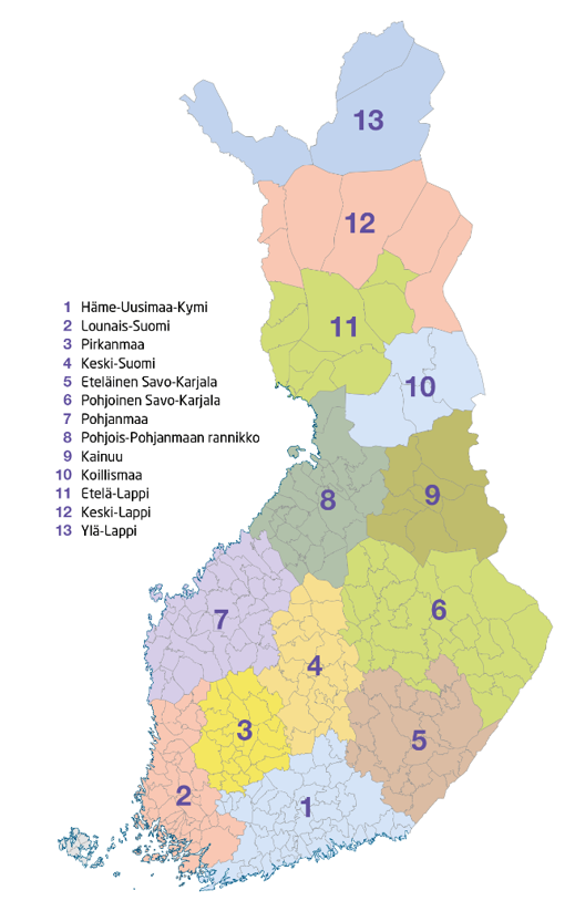 Tapion summa-arvomenetelmän taulukoiden laskenta-alueet karttakuvana